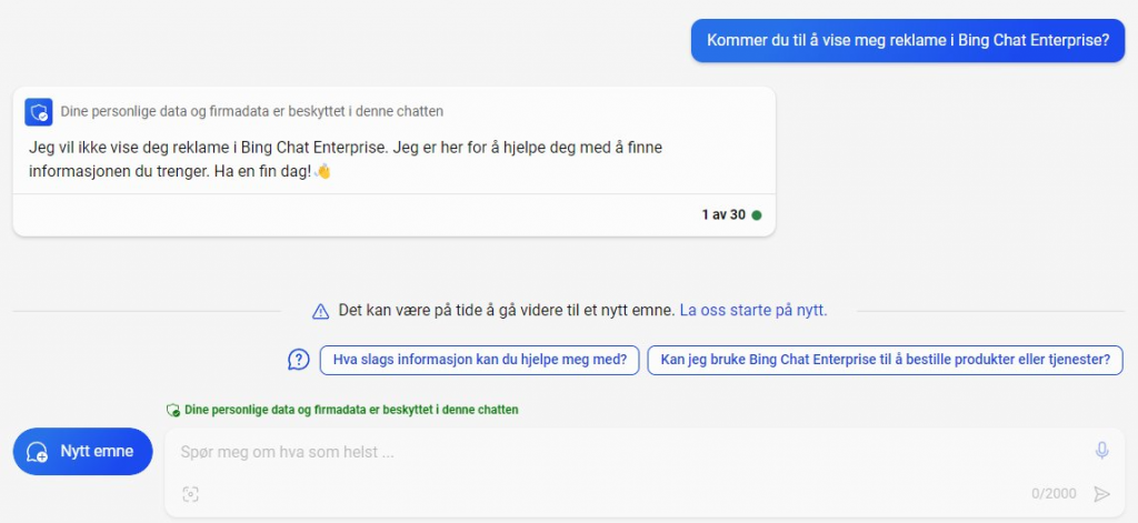 Et skjermbilde fra Bing Chat.